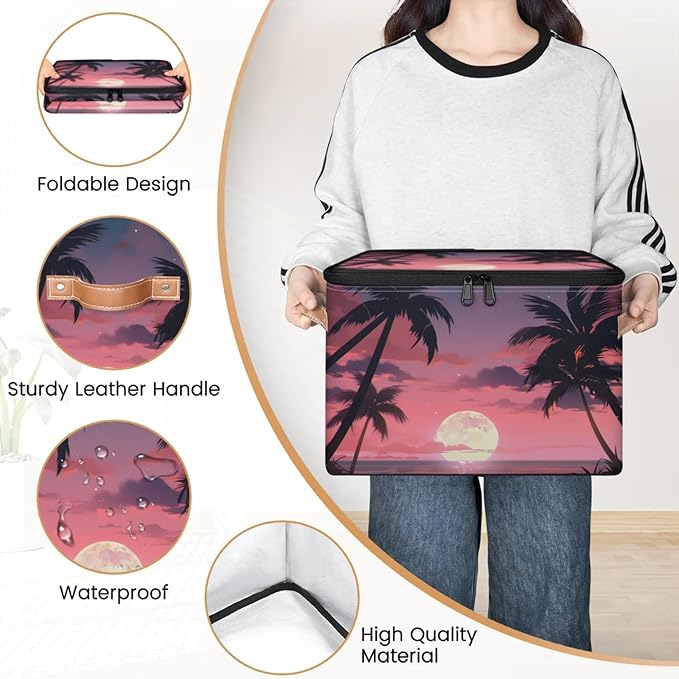 Storage Bins with Lids Palm Tree Beach Storage Basket Clothes Organizer with Handles Closet Storage Containers for Clothing Bedding Blanket