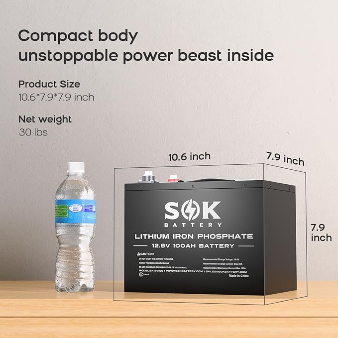 SOK Battery 12V 100Ah LiFePO4 Deep Cycle Lithium Iron Phosphate Battery Built-in Bluetooth Low Temperature Protection &amp Self Heating Function Suitable for RV and Solar &amp Wind Off-Grid Use