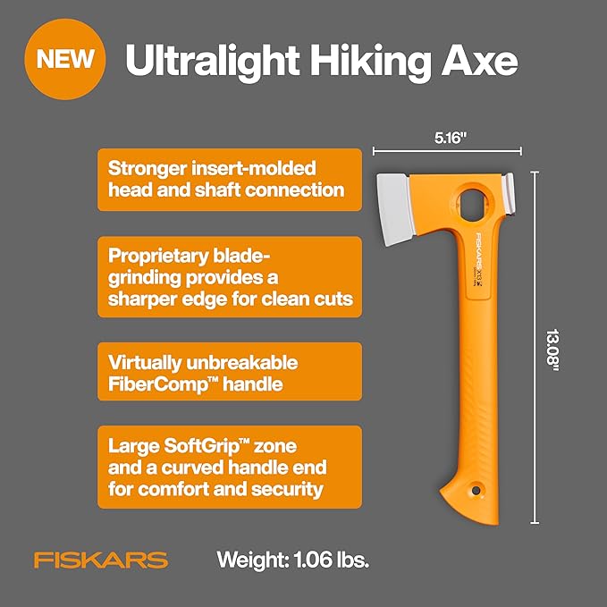 Fiskars X13 Ultralight Hiking Axe 13 Ultra-Sharp Forged Steel Blade for Efficient Chopping &amp Camping 15% Lighter High-Visibility Orange FiberComp Handle Drives Tent Stakes Sheath Included