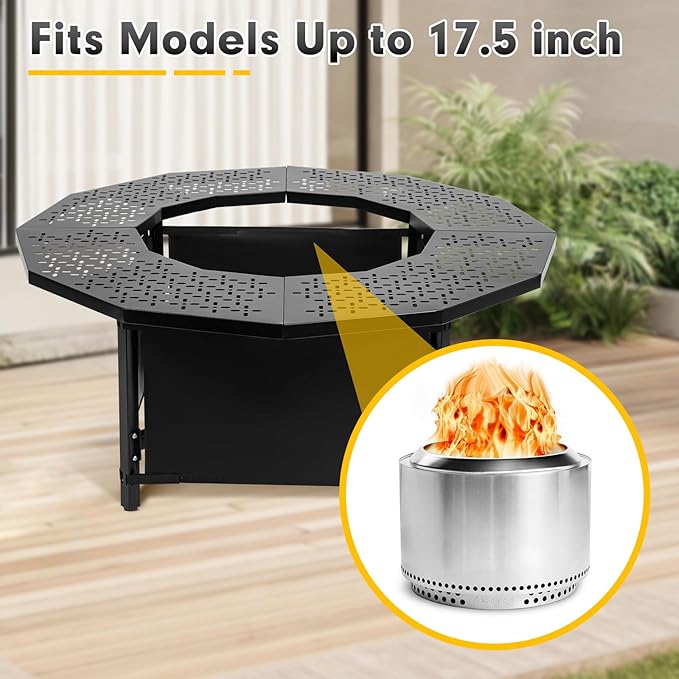38 Inch Fire Pit Surround Tabletop for Solo Stove Bonfire up to 17.5 and Most Wood Burning Fire Pits 18.4 in Inner Coated Metal Outdoor Fire Pit Table with 360° Safety Barrier