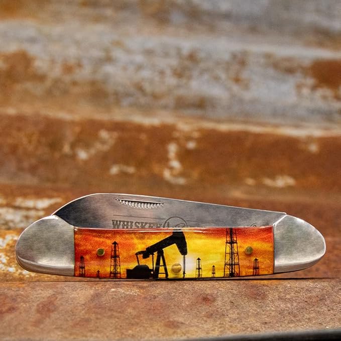 WHISKEY BENT HAT CO. Traditional Canoe Folding Knife 3.63 Closed Length 440C Stainless Steel Blades (Pump Jack Sunset)