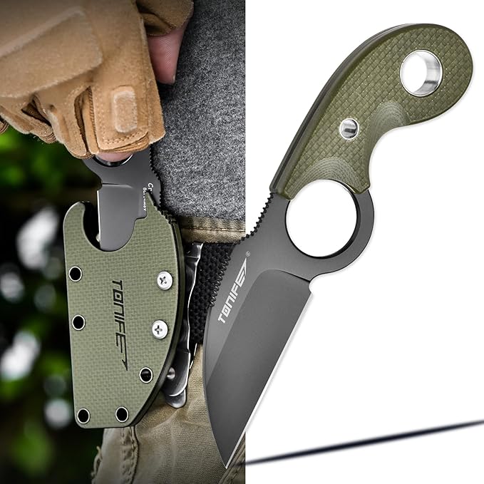 TONIFE Small Fixed Blade Knife Full Tang EDC Camping with Sheath Lanyard and Clip Blade Length 2.172.5 oz.with Sheath (Green - Gray Titanium)
