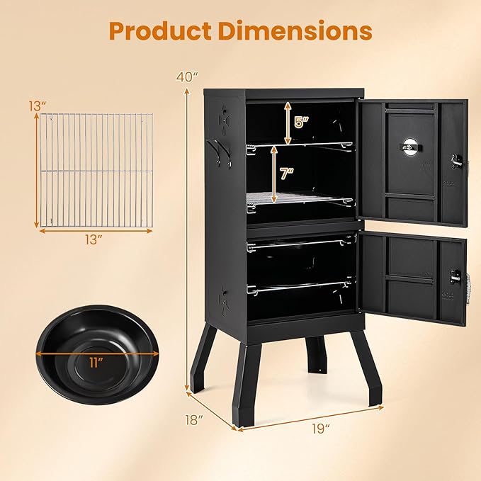 Giantex Outdoor Smoker with Double Doors 2 Detachable Grill Netting Smoking Racks Charcoal Pan &amp Water Pan 4 Air Vents Thermometer Vertical Charcoal Smoker for Barbecue Camping Backyard Grill