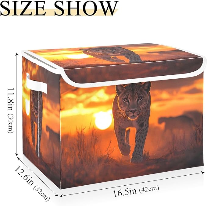 Storage Cube with Lid Sunset Lion Print 16.5×12.6×11.8 IN Collapsible Large Capacity Foldable Storage Basket Bin Organizer