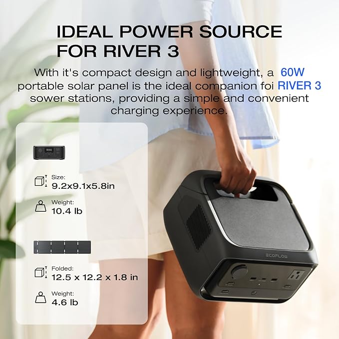 EF ECOFLOW Solar Generator RIVER 3 with 60W Solar Panel 245Wh Portable Power Station LFP Battery 300W Up to 600W AC Output &lt20 MS UPS 1Hr Fast Charging Power Station for Outdoor/RVs