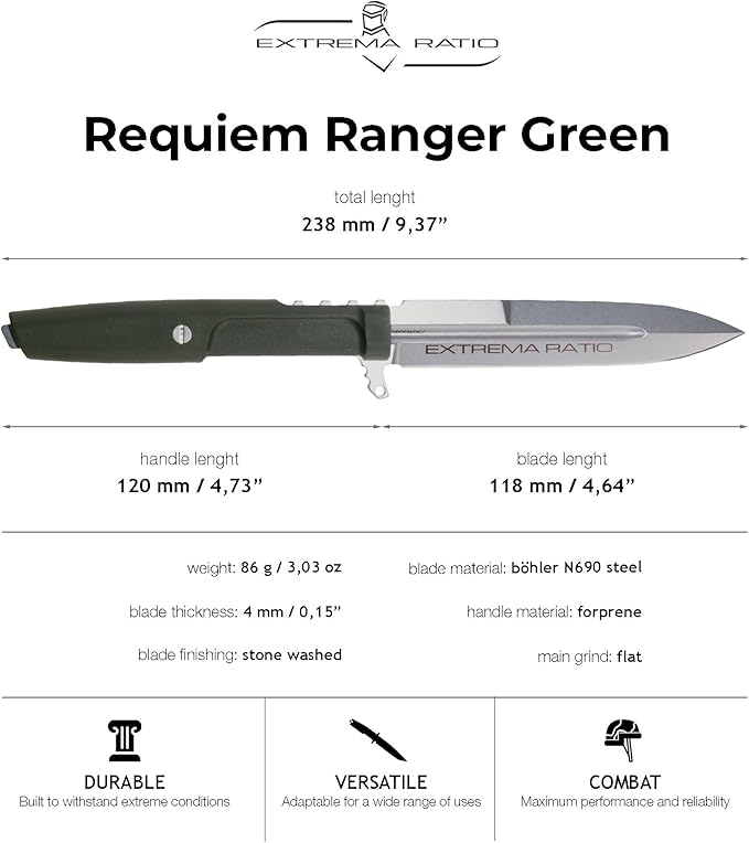 Extrema Ratio - Requiem (Ranger Green) Fixed Blade Knife Bohler N690 steel blade 4.9 mm thick hardened to 58 HRC stone-washed finish lightweight ergonomic handle made in Italy