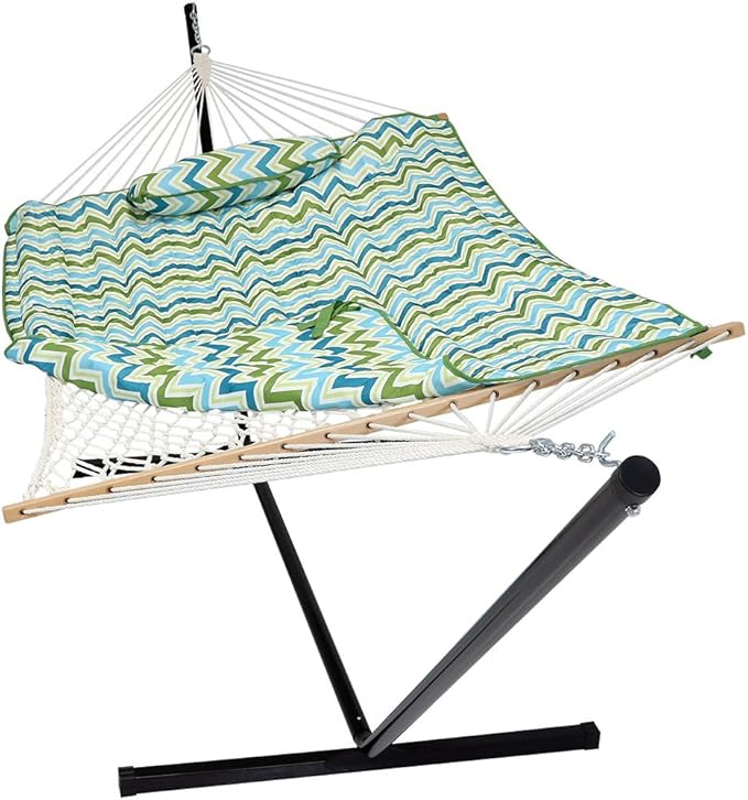 Sunnydaze Rope Hammock with Stand for Outside- 275-Pound Capacity - Includes 12-Foot Hammock Stand Spreader Bar Pad and Pillow - Blue and Green Chevron