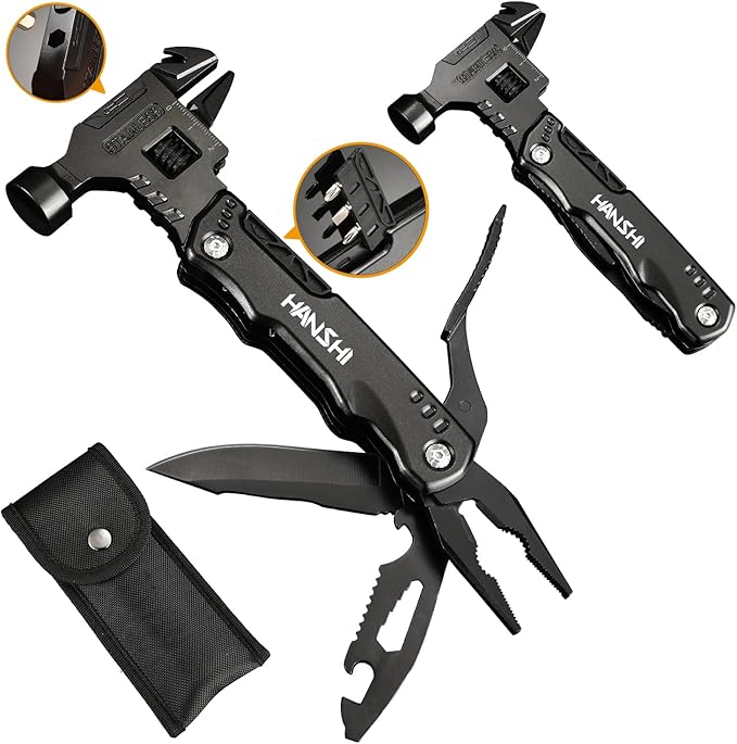 HANSHI Adjustable Wrench Multitool Hammer for Survival16 in 1 Multitools Pliers with Nylon SheathPocket Knife Multi Screwdriver Tool All in One Camping Accessories for Stocking Stuffers for Men