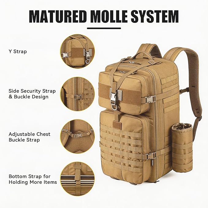 Tactical Backpack for Men 50L/60L/70L Expandable Military tactical Backpack Waterproof MOLLE Hiking &amp Camping Rucksack with Water Bottle Bag Assault Pack &amp Bug Out Bag for Outdoor