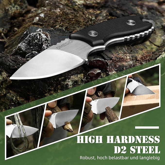 Omesio Neck Knife 5.43 Neck Knife with Sheath and Necklace Full Tang Small Fixed Blad Knife D2 Steel 2.17-Inch Blade G10 Handle for Outdoor Survival Camping Tactical