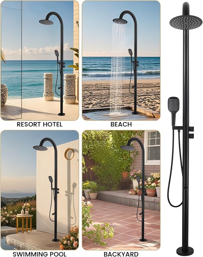 316 Marine Grade Stainless Steel Free Standing Outdoor Shower with Foot Wash 3-Function Matte Black Shower Kit with 10''Rain Shower HeadOutdoor Shower Fixture for Yard Beach Poolside Garden