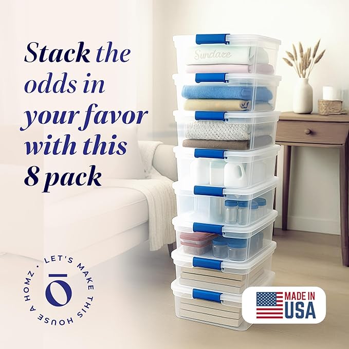 HOMZ 8-Pack Secure Latch Clear Plastic Storage Organizer Bins 15.5 Quart Blue Latches - Stackable Organizing Containers for Home Garage and Office