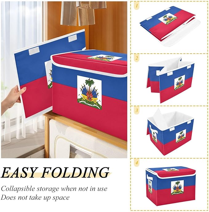 Haiti Flag Haitian National Blue Red Storage Bins with Lids Collapsible Closet Organization Storage Bins with Handles