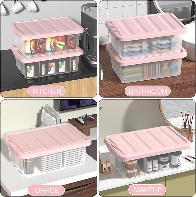 Set of 2 Clear Plastic Storage Organizer Bins with Pink Lids 14 Quart Versatile Organizer Container Boxes for Home Office and Garage