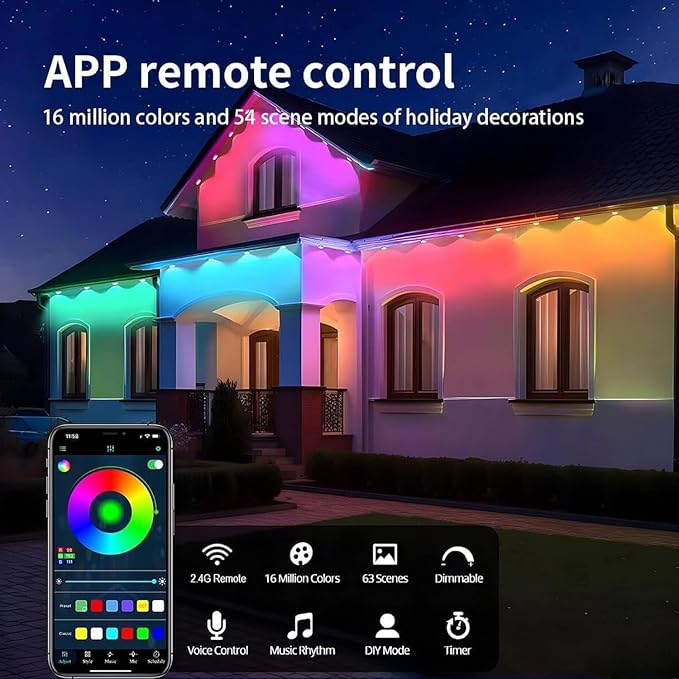 Permanent Outdoor Lights Pro 300ft RGB-IC LED Eaves Lights IP67 Waterproof with Smart App&ampRemote Controlfor ChristmasParty Daily Halloween and All Holiday Decor