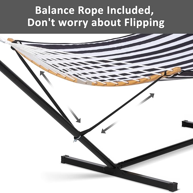 SUNCREAT Hammocks Extra Large Hammock with Stand Included Double Hammock with Curved Spreader Bar Black Stripes