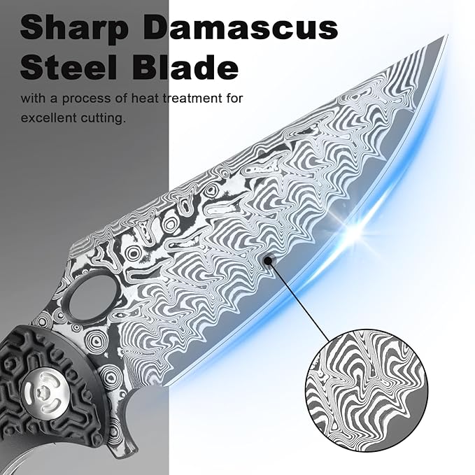 Zingbee Pocket Knife for EDC Damascus Pocket Knife with Black Aluminum Handle 3.3 Damascus Blade Pocket knives &amp Folding Knives