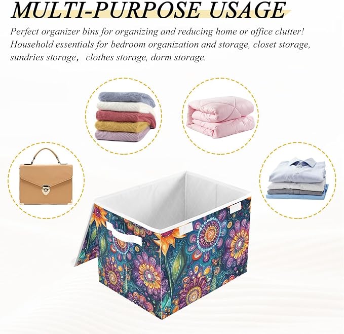 Florals Art Storage Cube Bins Basket with Lid Collapsible Flip-top Fabric with Handle for Home Bedroom Closet Office 16.5×12.6×11.8 in