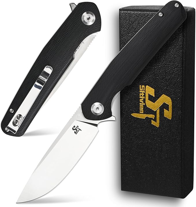 Sitivien ST102 Folding Knife D2 Steel Blade+G10 Handle Pocket Knife EDC Tool Knife for Outdoor Camping Hunting Survival (Black) …