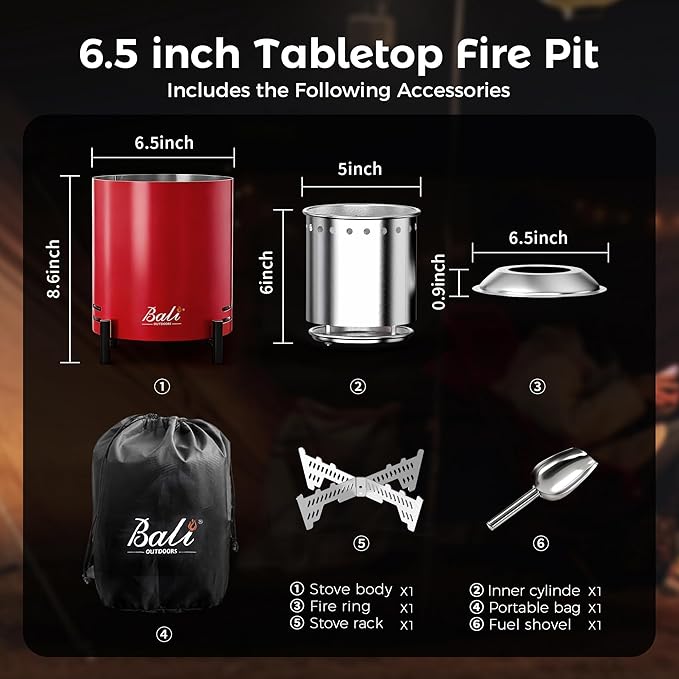 BALI OUTDOORS 6.5 inch Tabletop Fire Pit Round Stainless Steel Table Top Firepit Small Outdoor Smokeless Firepit Portable Red