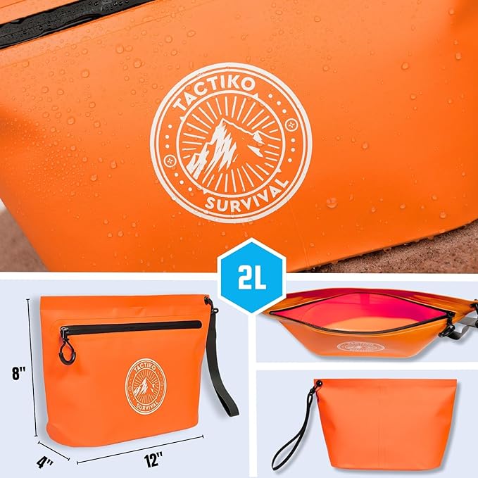 Tactiko 30L 100% Waterproof Backpack &amp 2L Splashproof Tarpaulin Zipper Pouch - Roll Top Dry Bag for Watersports &amp Travel Bag - Protection from Water Mud Sand Outdoor Camping (Orange)