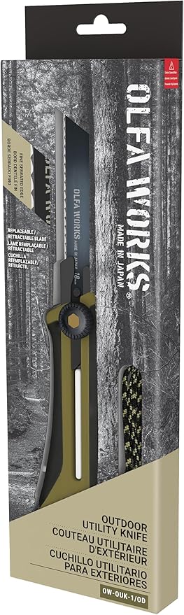 OLFA WORKS OW-OUK-1/OD Outdoor Knife Fine Serrated Edge Blade for Confident Cutting - Multi Purpose Outdoor Knife Designed to Handle Slippery Materials like Rope Plastic and Canvas - Ratchet-wheel