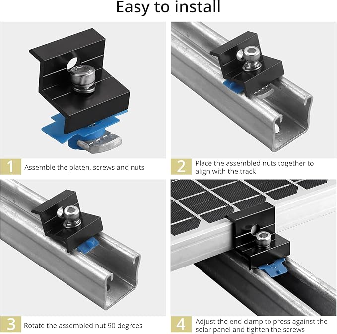 Anbte 20pcs Solar Panel End Clamp for Standard Unistrut Aluminum 30mm/35mm Solar Panel Brackets with Nuts Bolts Solar Panel Mounting Kit for Metal Roof Tin Roof Flat Roof Sheet Roof RV Black