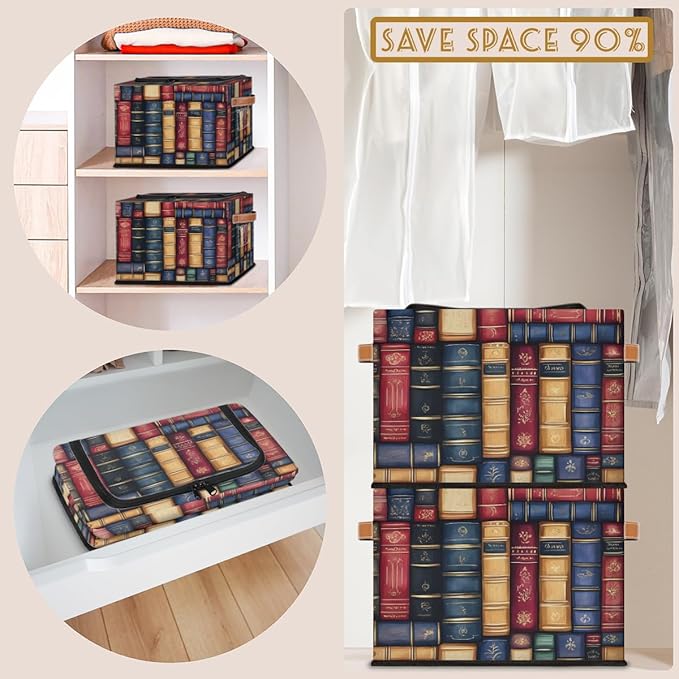 Bookshelf Storage Bins with Zipper Lid Retro Library Fabric Lidded Storage Baskets Cubes with Handles Decorative Foldable Shelf Closet Organizer Container