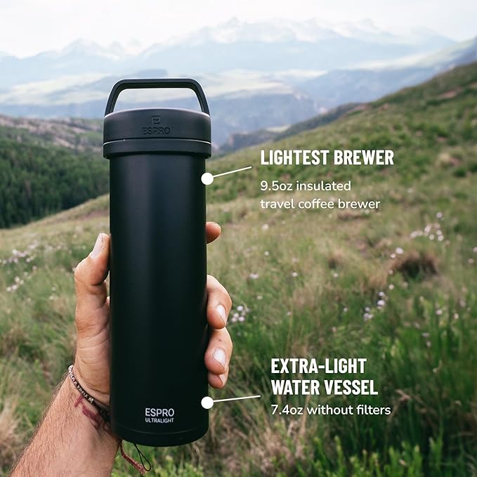 ESPRO Go P0 Ultralight French Press Coffee Maker for Travel Vacuum Insulated Stainless Steel 16 Ounces Matte Meteorite Black