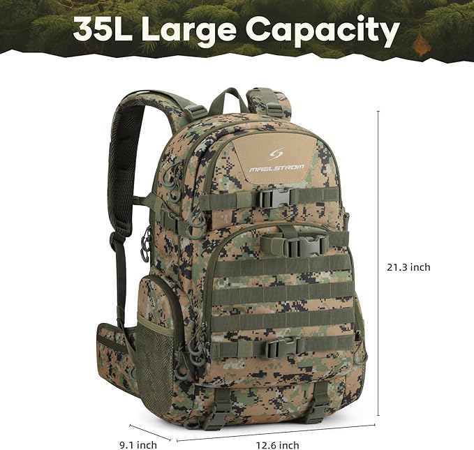 Maelstrom Hunting Backpack for Men Women Waterproof Hunting Pack with Rain Cover Long-Lasting 35L Camo Tactical Day Pack for Rifle Bow Gun