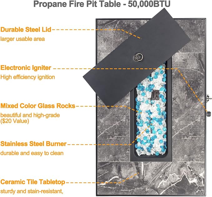 32'' Fire Pit Table with Natural Gas Conversion Kit Marble Textured Ceramic Tabletop 50000 BTU Fire Table with Brown Wicker Rectangle Tank Required to Be Kept Outside.