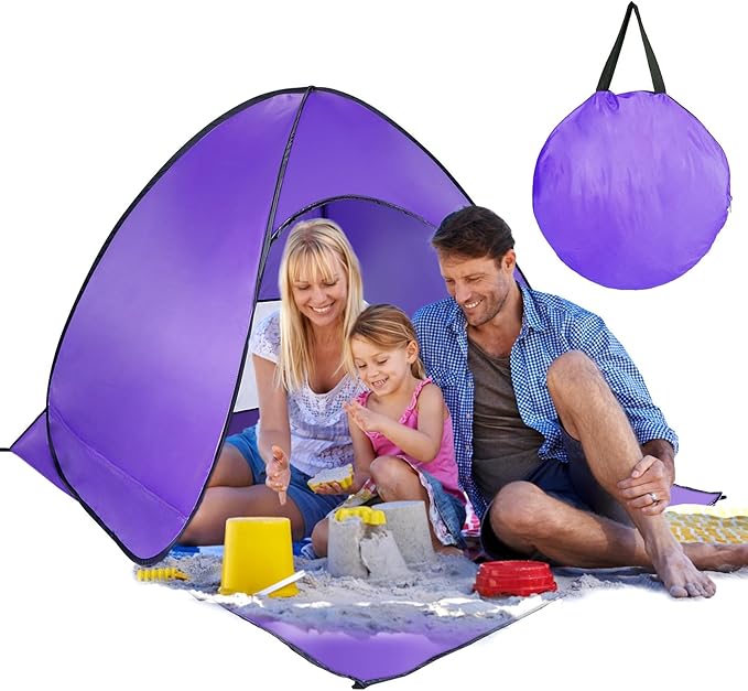 Beach Tent Easy Pop Up 2-3 Person Beach Shade Beach Tent Sun Shelter Instant Portable Beach Tent Umbrella Sun Shade Canopy with Storage Bag for Outdoor Beach Camping Fishing (Purple)