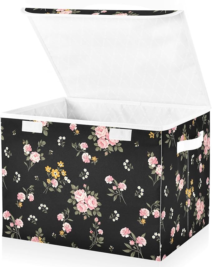 senya Flower Baskets Collapsible Storage Bins with Lids Purple Green Rose Flower Storage Boxes Clothes Baskets for Organizing