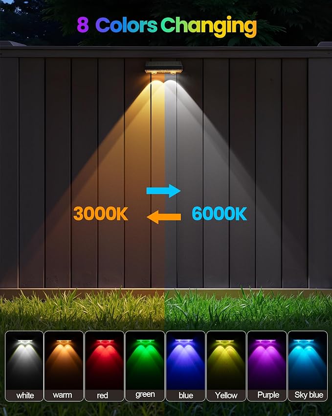 Bridika Solar Fence Lights Outdoor Waterproof 6 Pack Solar Powered Deck Lights for Backyard Wall Patio &amp Garden - 8 Color Changing Modes Bright LED with Lens Dusk to Dawn Black