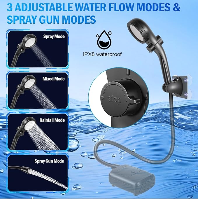 Portable Camping Shower 2400mAh Rechargeable Outdoor Shower Pump with LED Battery Indicator 4 Spray Modes IPX8 Waterproof Portable Shower for Camping Hiking Travel Car Washing &amp Pet Bathing