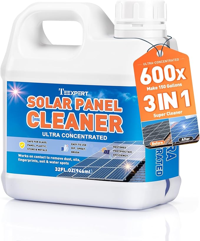 Teexpert Solar Panel Cleaner (32oz Makes 150 Gallons) Ultra Concentrated Glass &amp Solar Panel Cleaning Pro Streak-Free Ultra Quick Dry Remove Dirt Dust Droppings Oils Fingerprints &amp Water