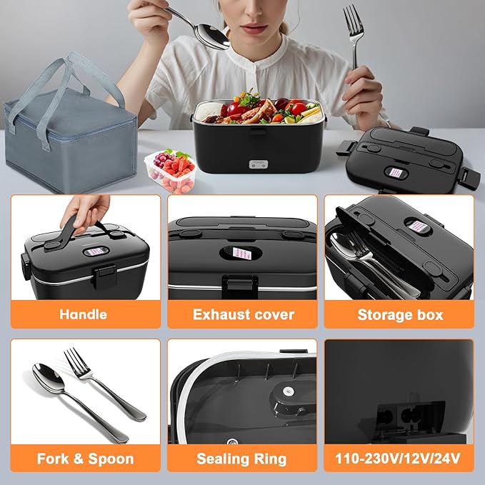 DUPASU Electric Lunch Box Food Warmer: 100W Heated Lunch Box for Adults 1.8L Portable Fast Heating Lunchbox Food Heater for Car Truck Work Travel Lonchera Elctrica Porttil 12/24V/110-230V (Black)