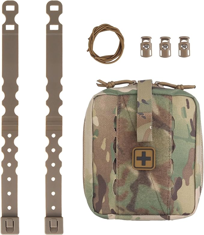 Tactical Camo IFAK Pouch MOLLE Medical Organizer with Elastic Storage Board Front Tool Slots and Rear Shear Pocket Attaches to Vest Belt or Backpack