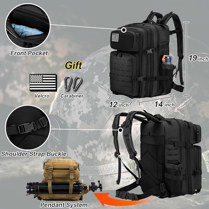 50L Military Tactical Backpack for MenWater Resistant Day Backpack Molle Army 3 Days Assault Pack Bug Out BagHeavy Duty Hiking Treeking Gym Rucksack Black