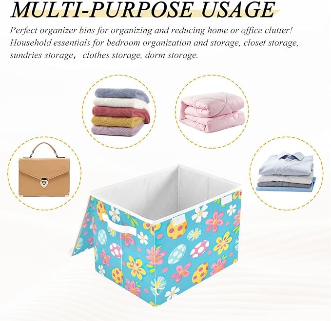Christmas Storage Baskets with Lids Cute Flowers and Eggs Collapsible Bins Stackable Fabric Linen Baskets Closet Organizer Container 16.5x12.6x11.8