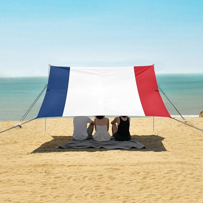 France Flag Foldable Beach Canopy UPF50 Easy Setup Shade Sun Shelter with Sandbags Sand Shovel Poles for Camping Picnics Backyard