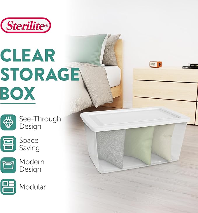 Sterilite 16 Pack Storage Box 90 Quart Stackable Tote Clear Plastic Container with Secure Snapping Lids for Home and Office Organization White