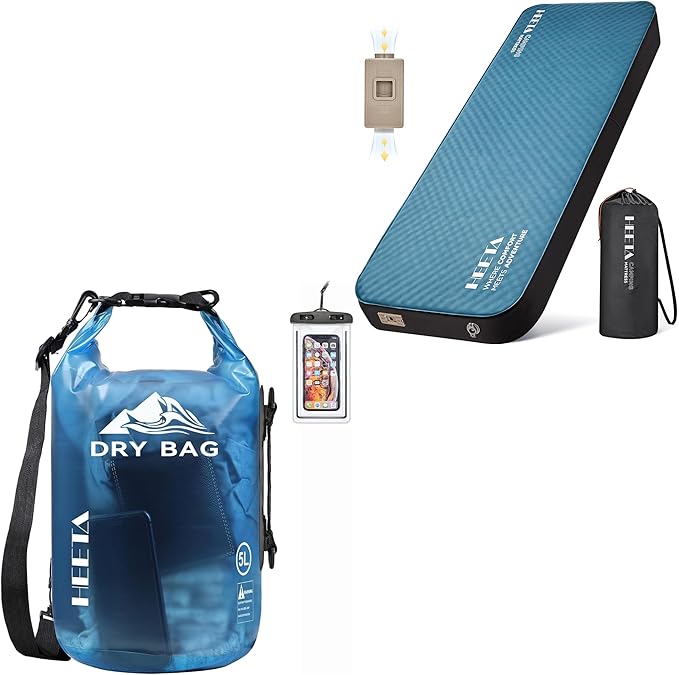 HEETA Waterproof Dry Bag for Women Men (Blue 5L) Bundled with Self Inflating Sleeping Pad with Electric Pump 4 Ultra Thick Memory Foam Camping Mattress