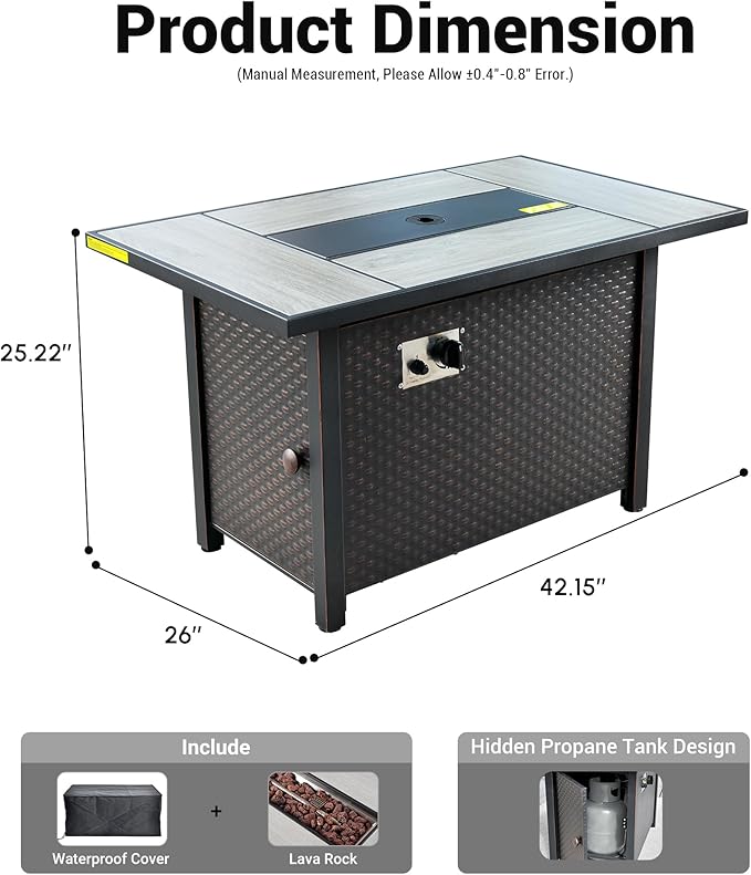 OVIOS 42 Inch Outdoor Patio Fire Pit Table 50000 BTU Heater Metal Steel Frame Propane Firepits with Ceramic Tabletop Waterproof Cover Lid Lava Rock Rectangular Black