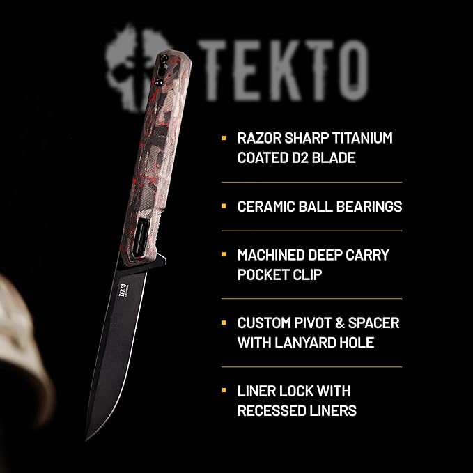 TEKTO F2 Bravo Folding Pocket Knife - D2 Steel Blade Ceramic Ball Bearings - EDC - Snap Swift Flip for Camping Backpacking - 2.4oz (68g) Forged Ember Handle Black Titanium Accents