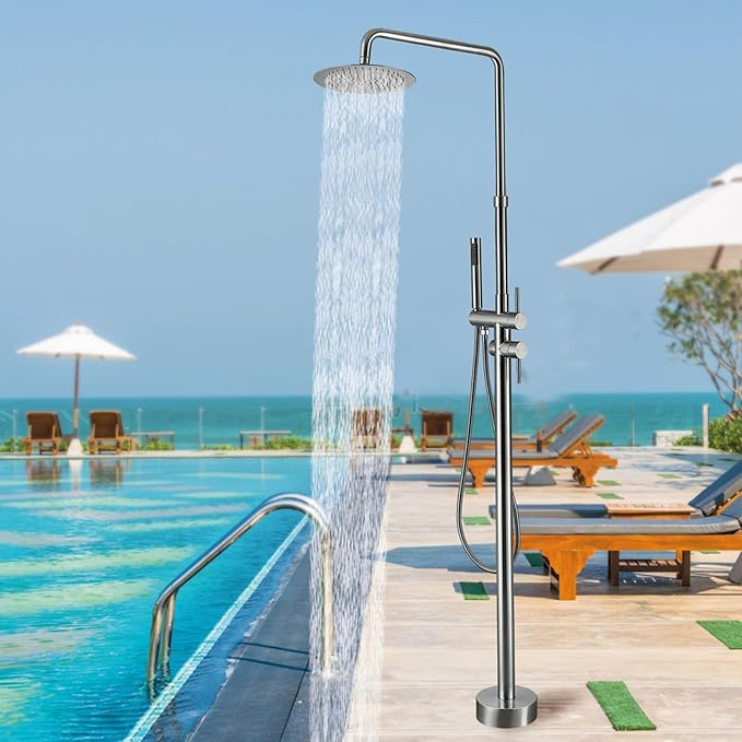 RBROHANT Freestanding Outdoor Shower Nickel Height Adjustable Outside Showers for Backyard Garden Pool Beach Outdoor Shower Fixtures with 10” Rain Shower Head and Handheld Brushed Nickel JK0317