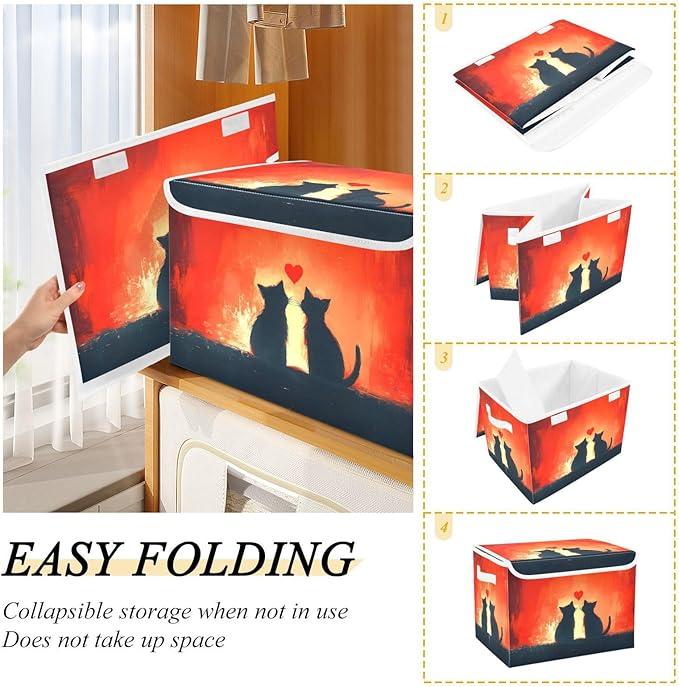 AIXIWAWA Lidded Storage Cube (Cat Love Silhouettes) Fabric Foldable Closet Bins with Flip Lid and Handles Organizer Basket Container 16.5 x 12.6 x 11.8 IN