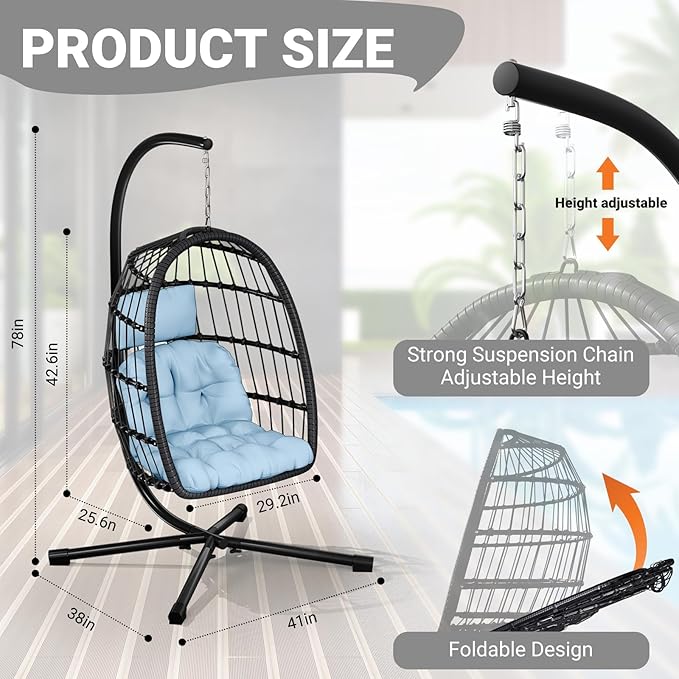 LEVELEVE Egg Chair with StandPatio Rattan Wicker Hanging Swing Egg Chair Hammock Chair for Bedroom Porch GardenThickened Aluminum Alloy Steel Frame and UV Resistant Cushion350LBS Capacity