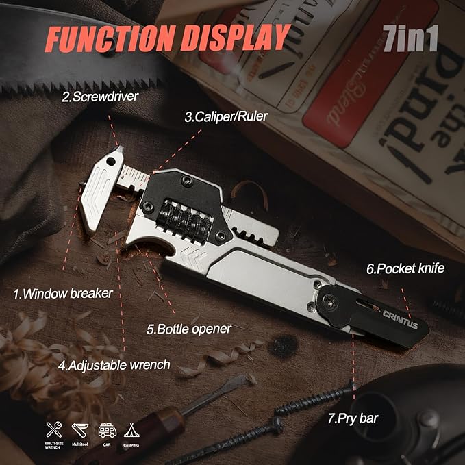EDC Gear Multitool 7 in-1 Multi Tool with Wrench Bottle Opener Car Window Breaker Pry Bar Flat Phillips Screwdriver EDC Tools for Cycling Maintenance Outdoor Household Repairs