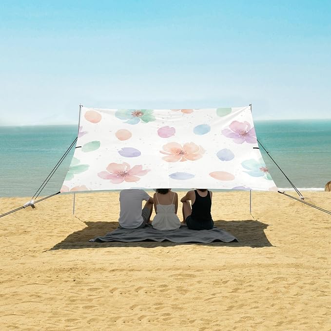 xigua Wildflowers Beach Tent Sun Shelter with Carrying Bag - Silver Coated Oxford Fabric Beach Canopy for Beach Camping Fishing - Includes Windproof Ropes Sandbags &amp Stakes